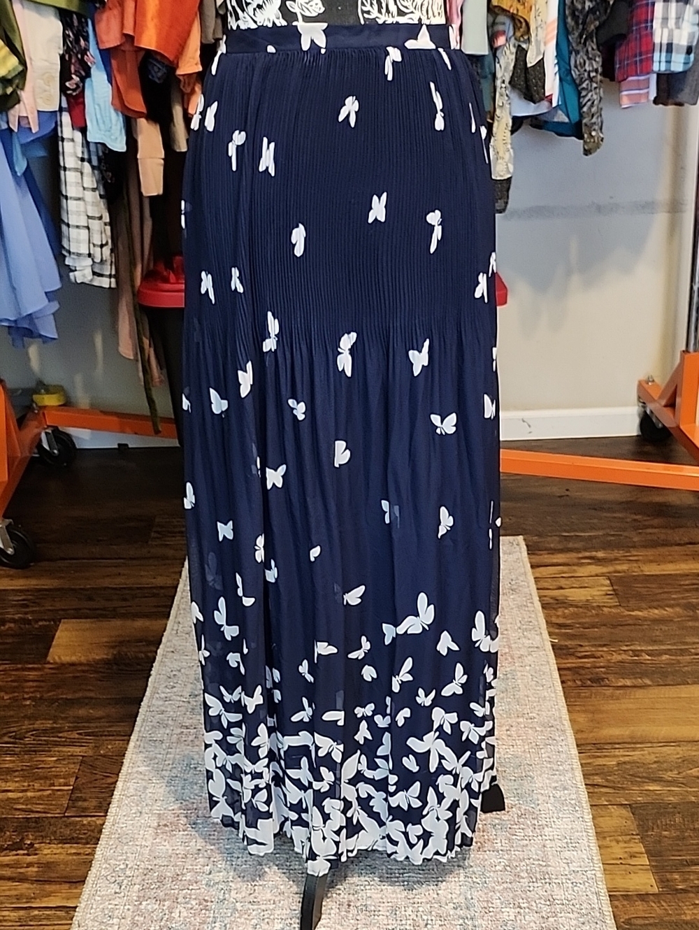 Black Rainn Navy Maxi Skirt with White Butterfly Print